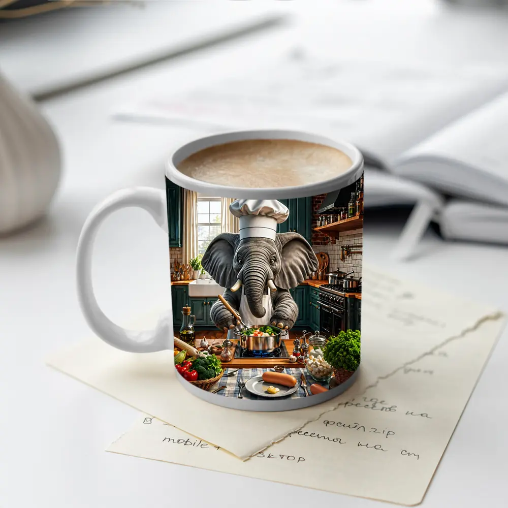 Elephant Chef Cooking Vegetables in Kitchen – Mugs