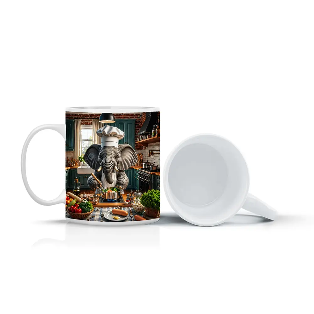 Elephant Chef Cooking Vegetables in Kitchen – Mugs
