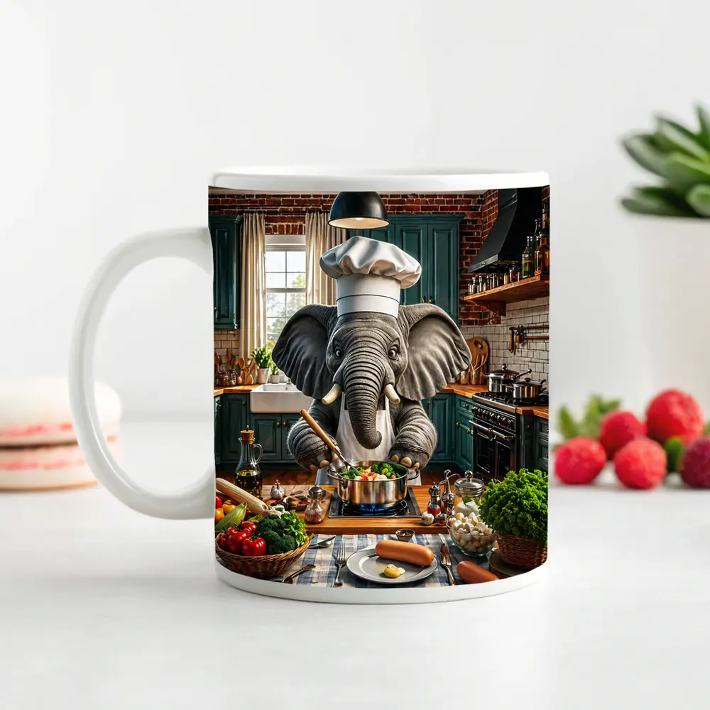 Elephant Chef Cooking Vegetables in Kitchen – Mugs