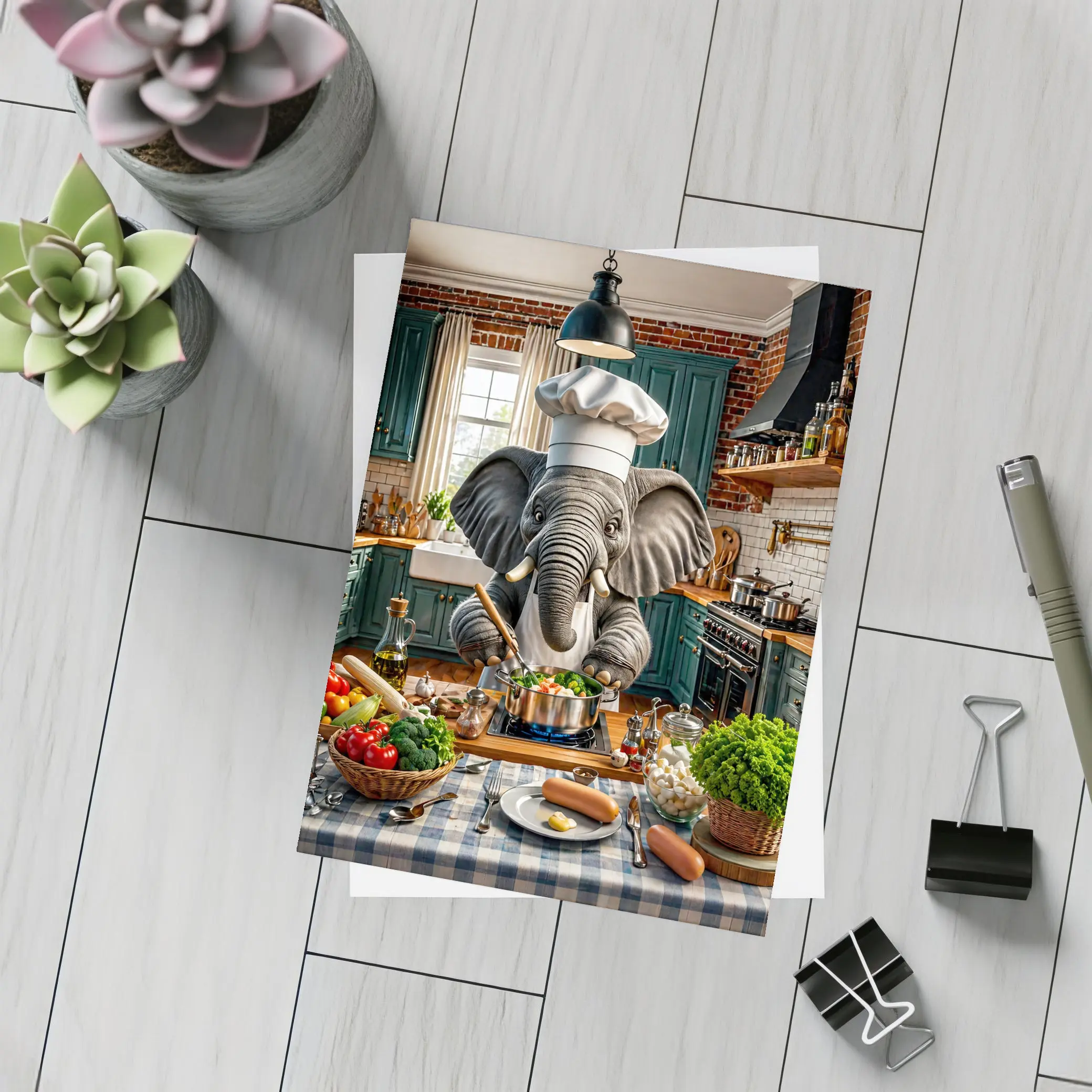 Elephant Chef Cooking Vegetables in Kitchen – Postcards