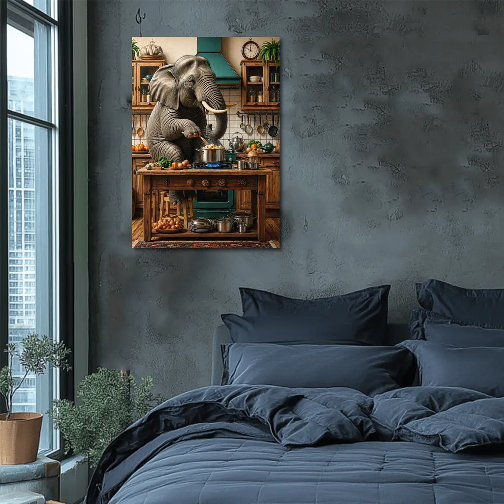Elephant Cooking Dinner in Rustic Kitchen – Wall Art