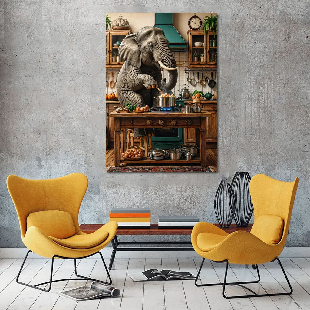 Elephant Cooking Dinner in Rustic Kitchen – Wall Art