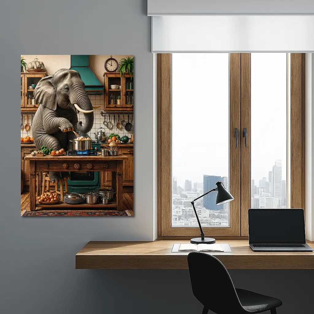 Elephant Cooking Dinner in Rustic Kitchen – Wall Art