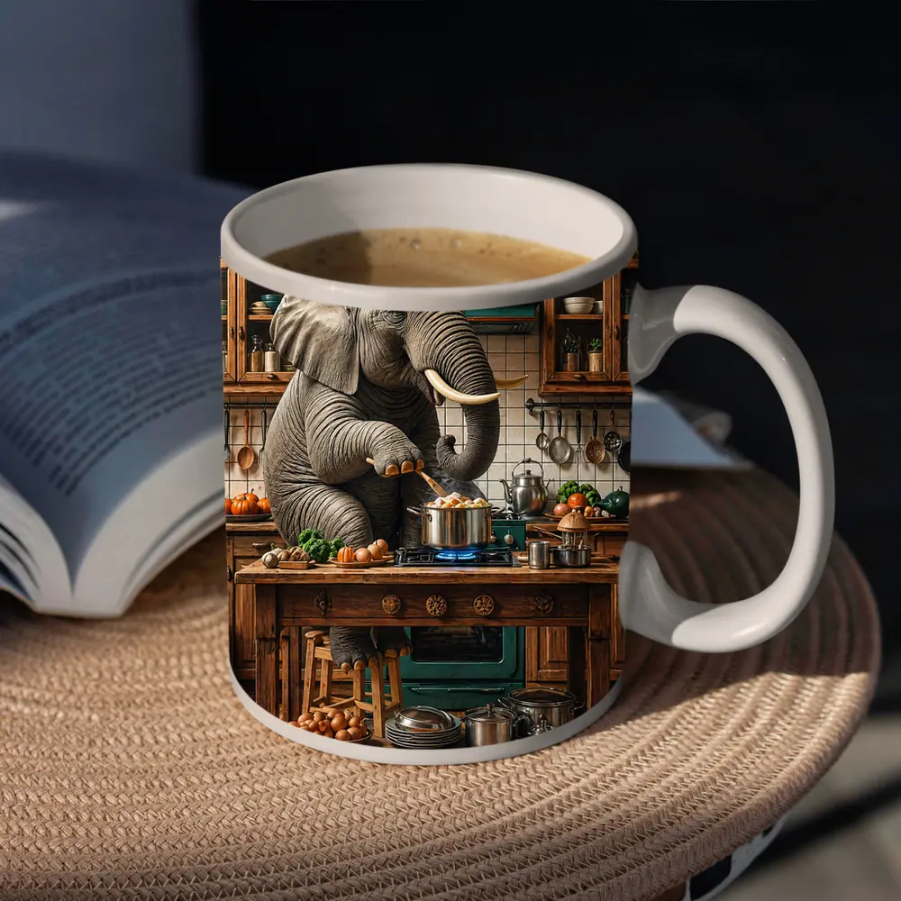 Elephant Cooking Dinner in Rustic Kitchen – Mugs
