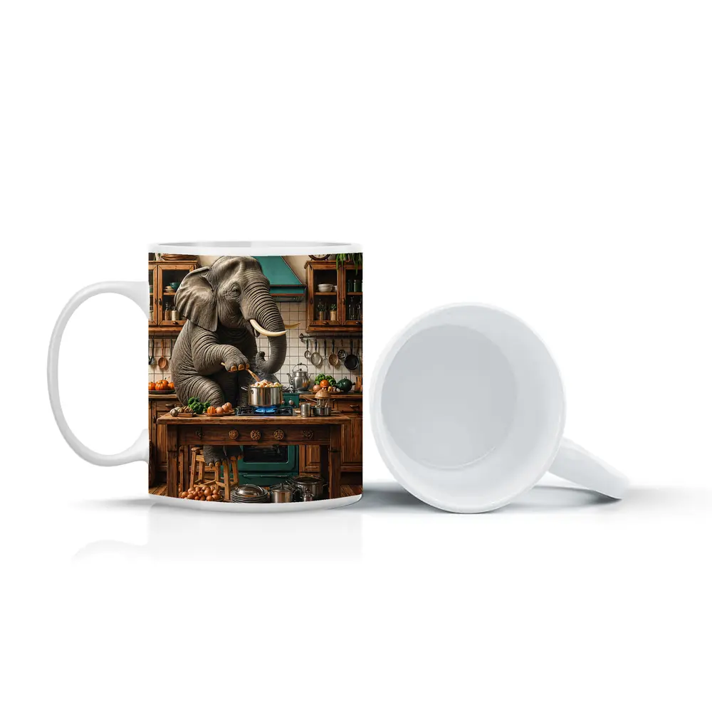 Elephant Cooking Dinner in Rustic Kitchen – Mugs