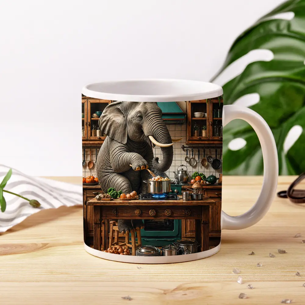 Elephant Cooking Dinner in Rustic Kitchen – Mugs