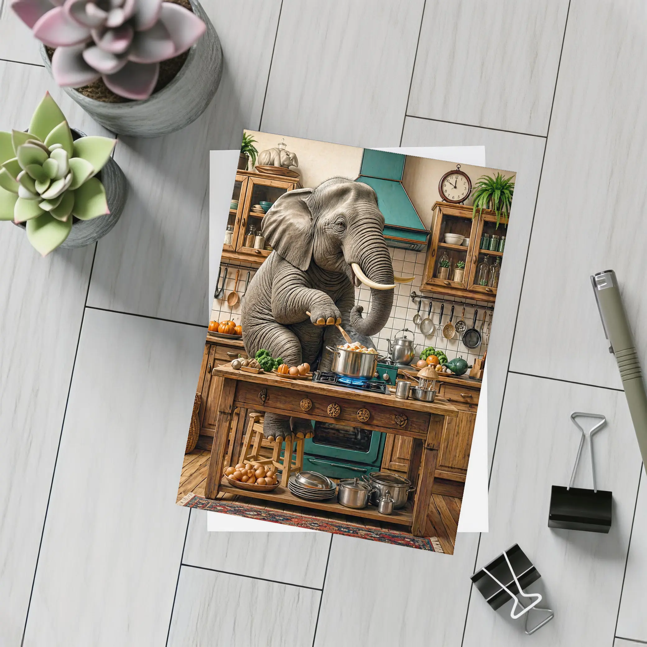 Elephant Cooking Dinner in Rustic Kitchen – Postcards