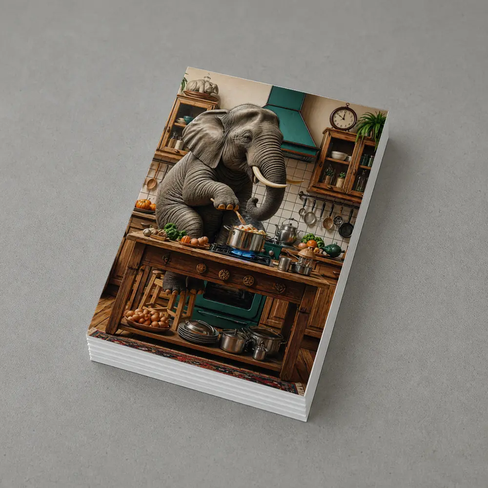 Elephant Cooking Dinner in Rustic Kitchen – Postcards