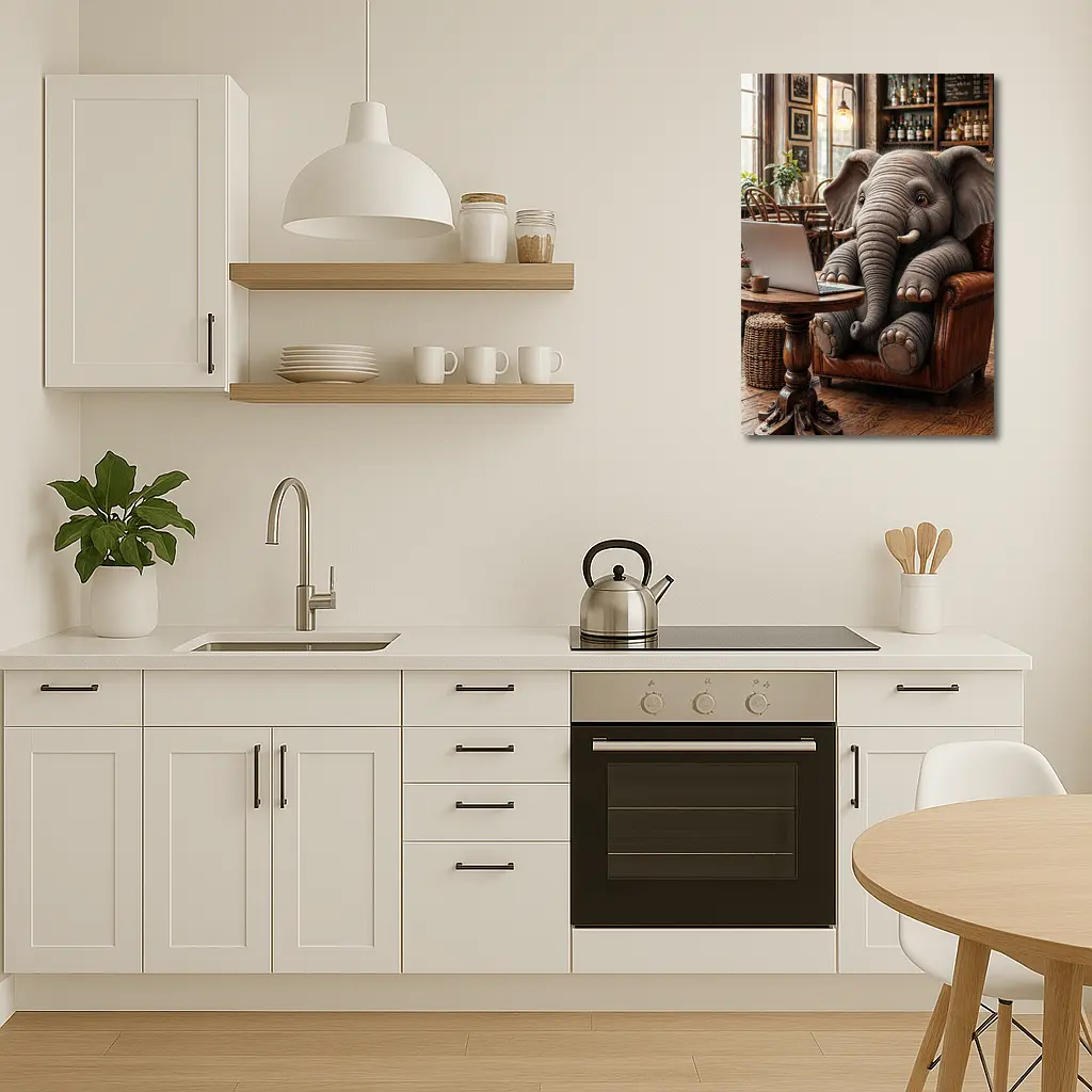 Elephant Working on Laptop in Cozy Cafe – Wall Art