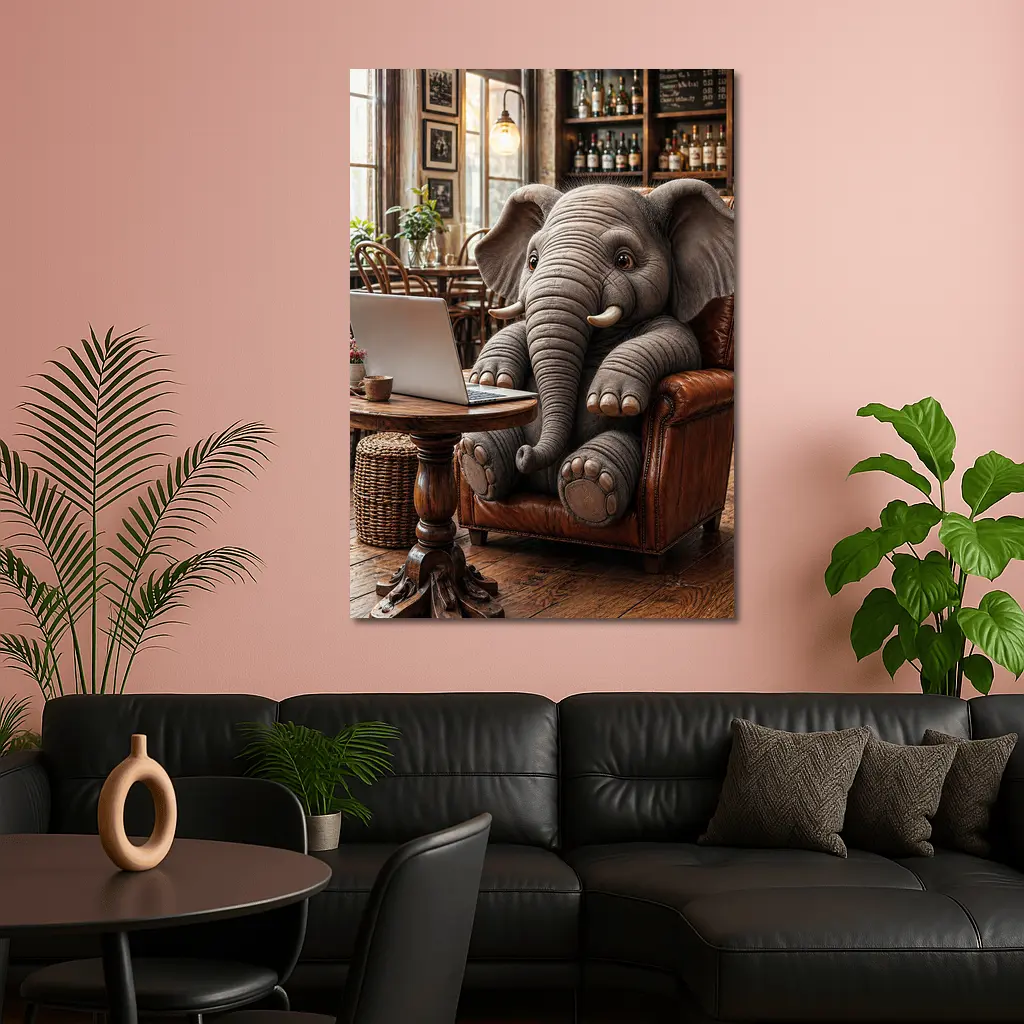 Elephant Working on Laptop in Cozy Cafe – Wall Art