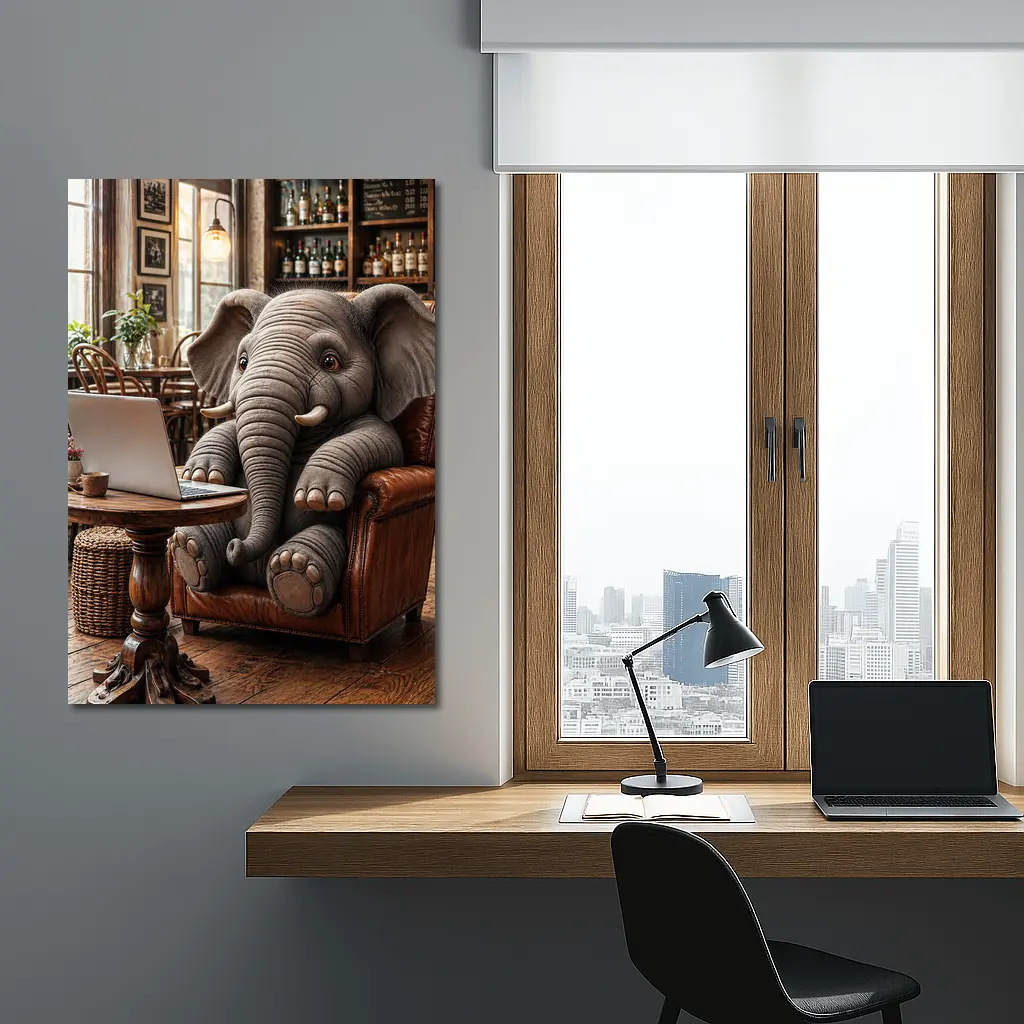 Elephant Working on Laptop in Cozy Cafe – Wall Art