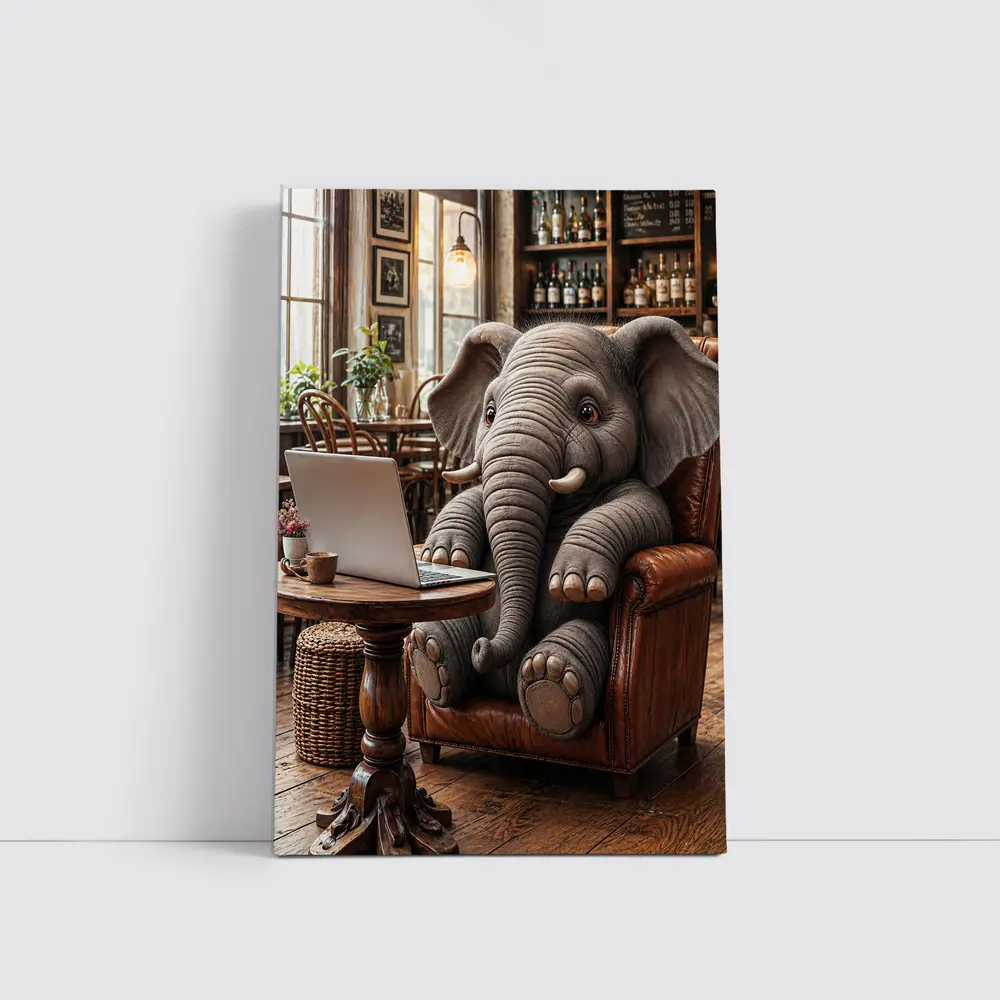 Elephant Working on Laptop in Cozy Cafe – Wall Art