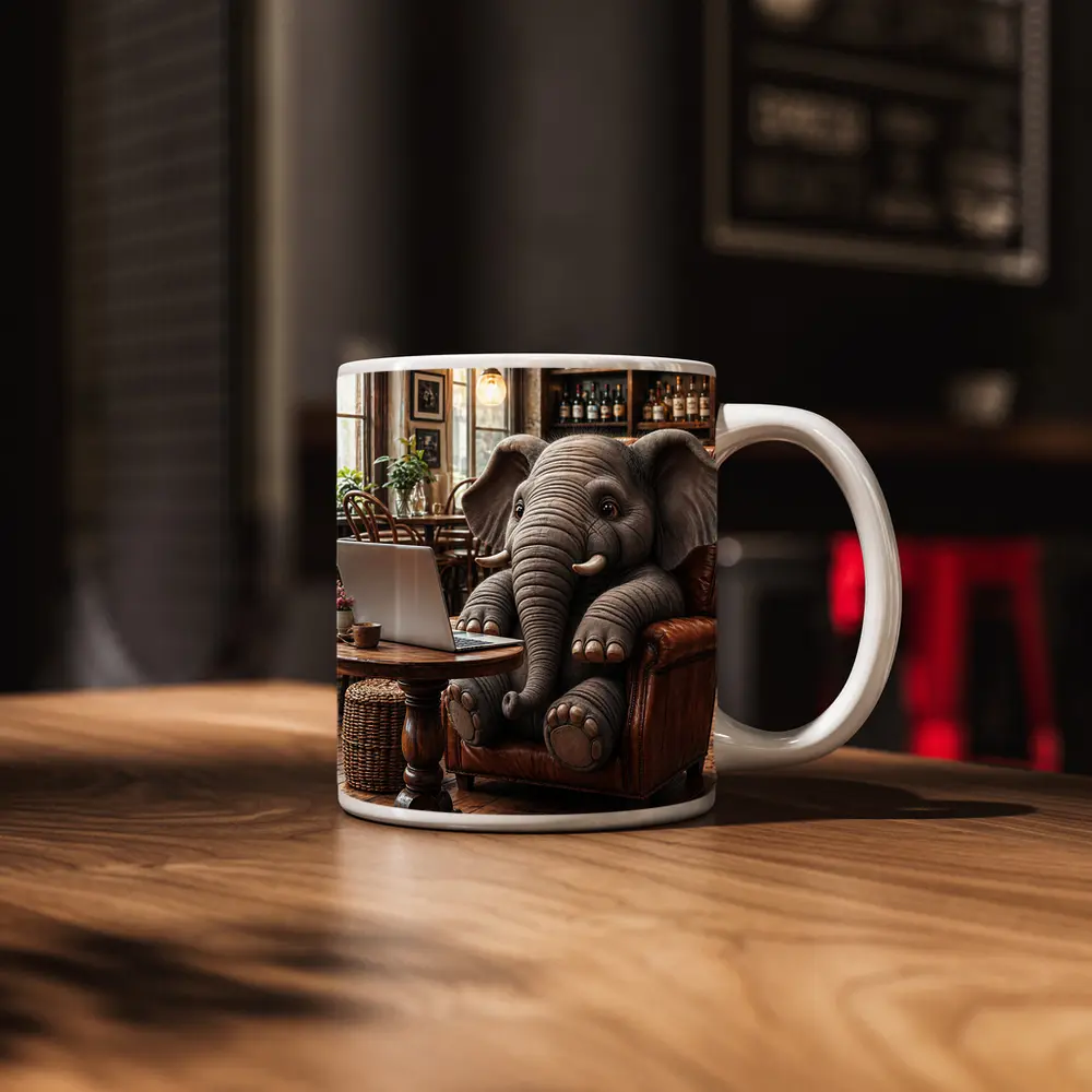 Elephant Working on Laptop in Cozy Cafe – Mugs