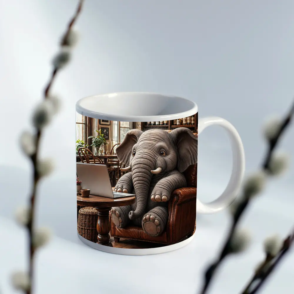 Elephant Working on Laptop in Cozy Cafe – Mugs