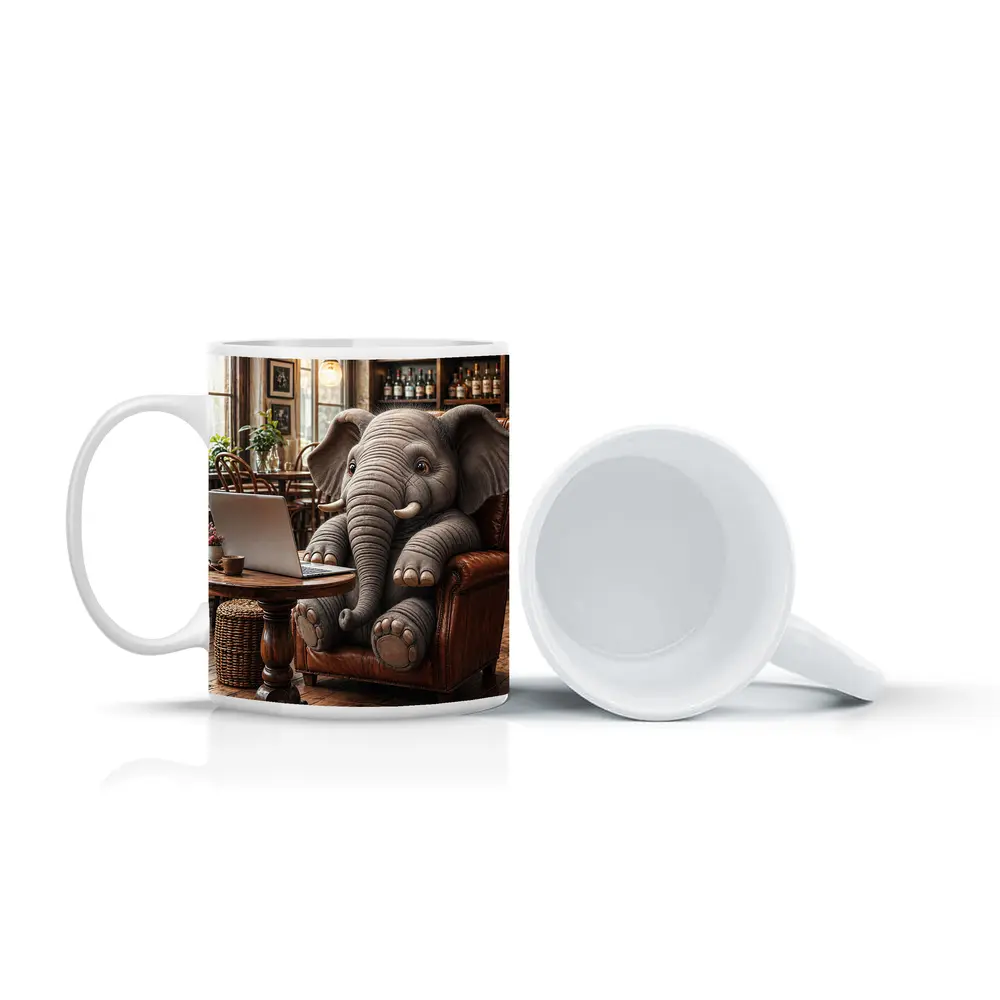 Elephant Working on Laptop in Cozy Cafe – Mugs