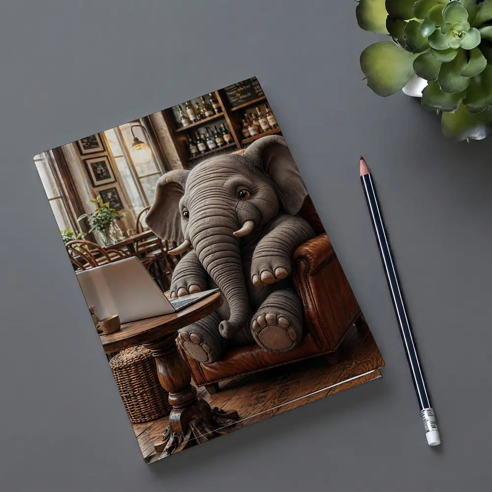 Elephant Working on Laptop in Cozy Cafe – Notebooks