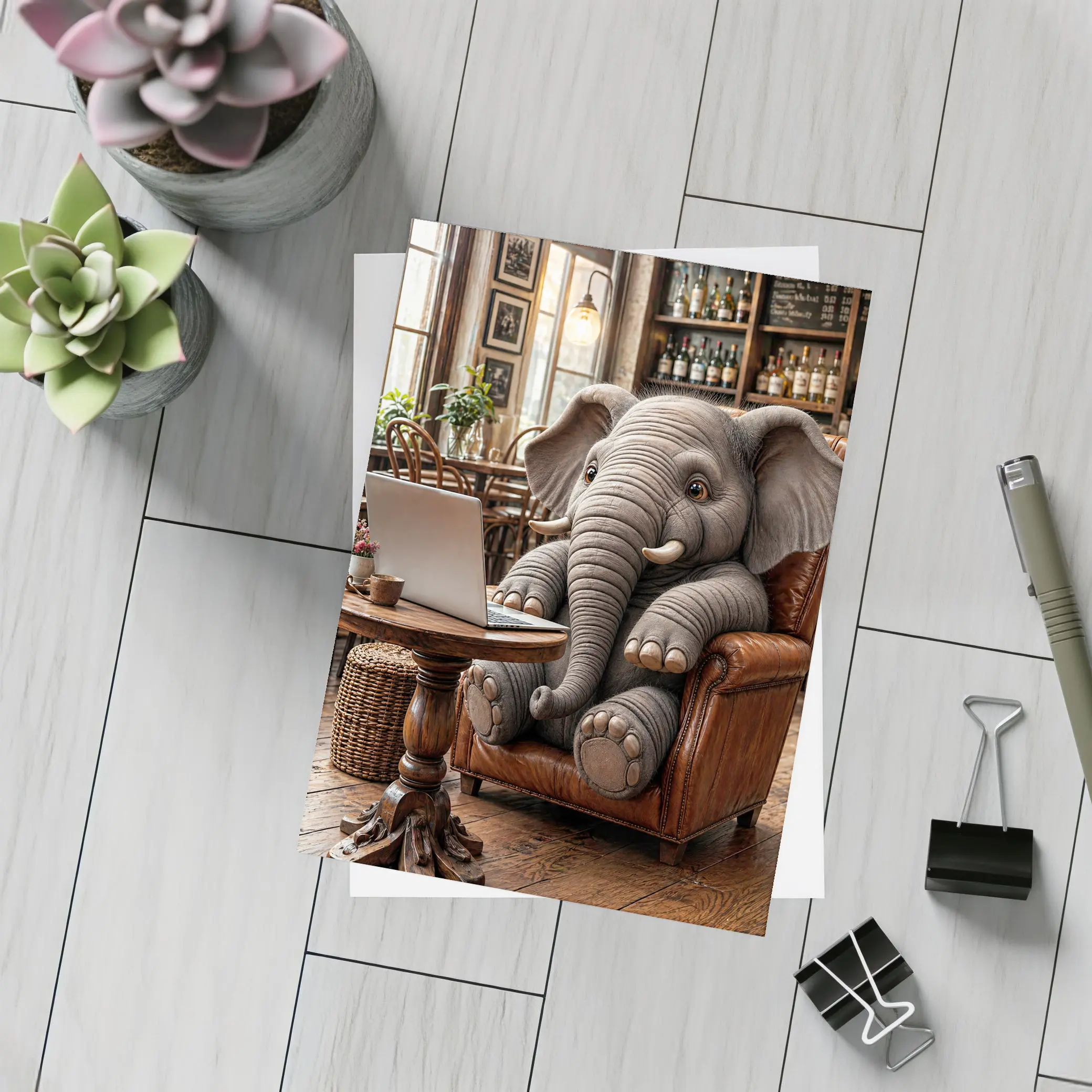 Elephant Working on Laptop in Cozy Cafe – Postcards