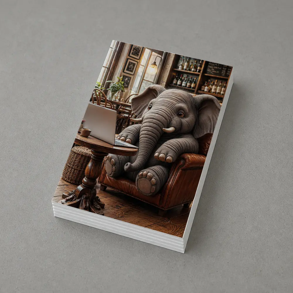Elephant Working on Laptop in Cozy Cafe – Postcards