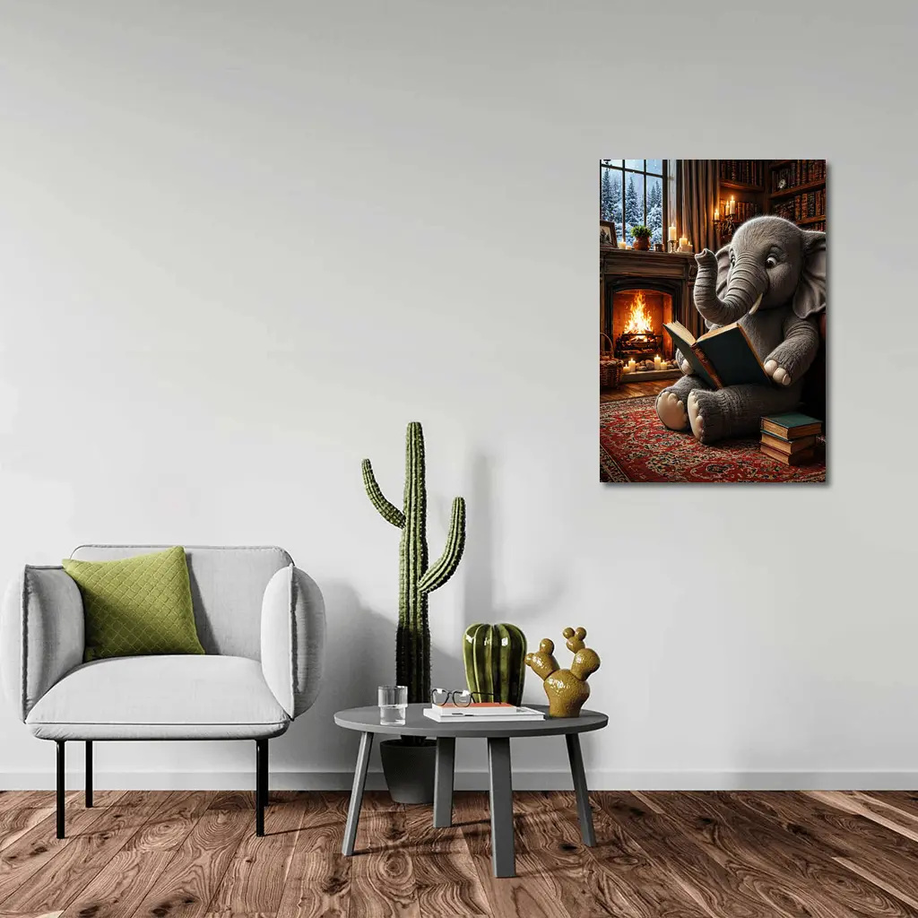Elephant Reading Book By Cozy Fireplace – Wall Art
