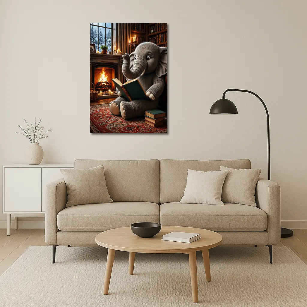 Elephant Reading Book By Cozy Fireplace – Wall Art