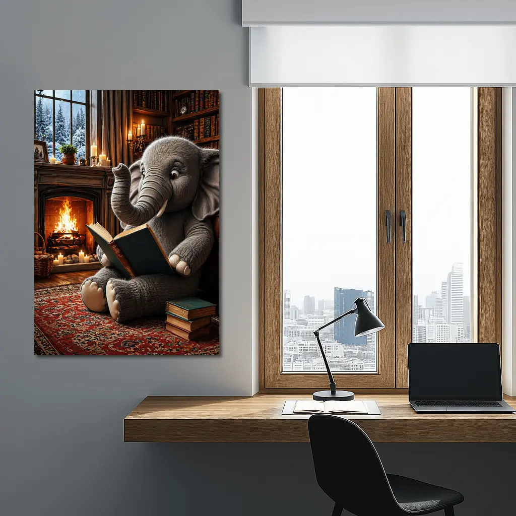 Elephant Reading Book By Cozy Fireplace – Wall Art