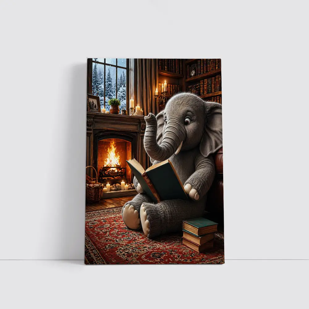 Elephant Reading Book By Cozy Fireplace – Wall Art