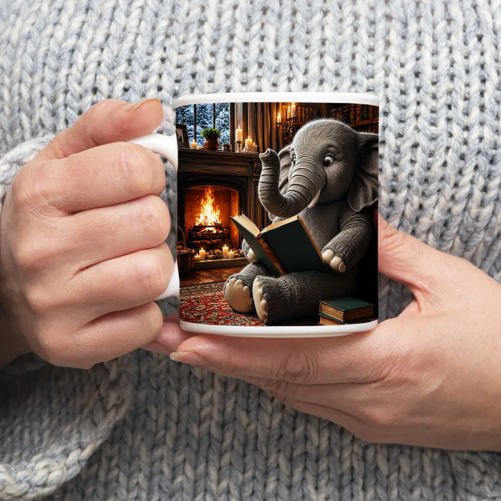 Elephant Reading Book By Cozy Fireplace – Mugs