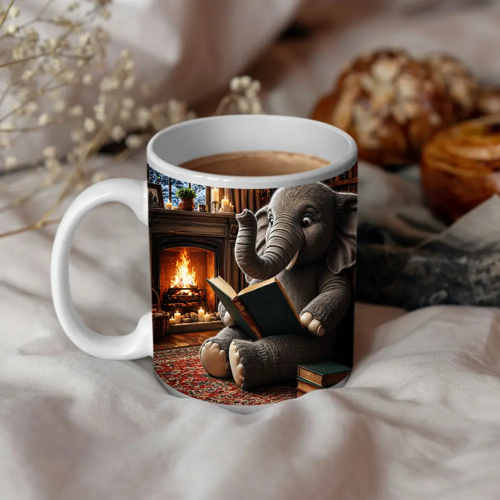 Elephant Reading Book By Cozy Fireplace – Mugs