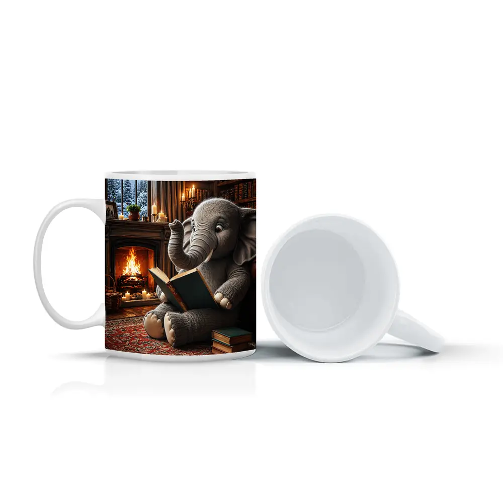 Elephant Reading Book By Cozy Fireplace – Mugs