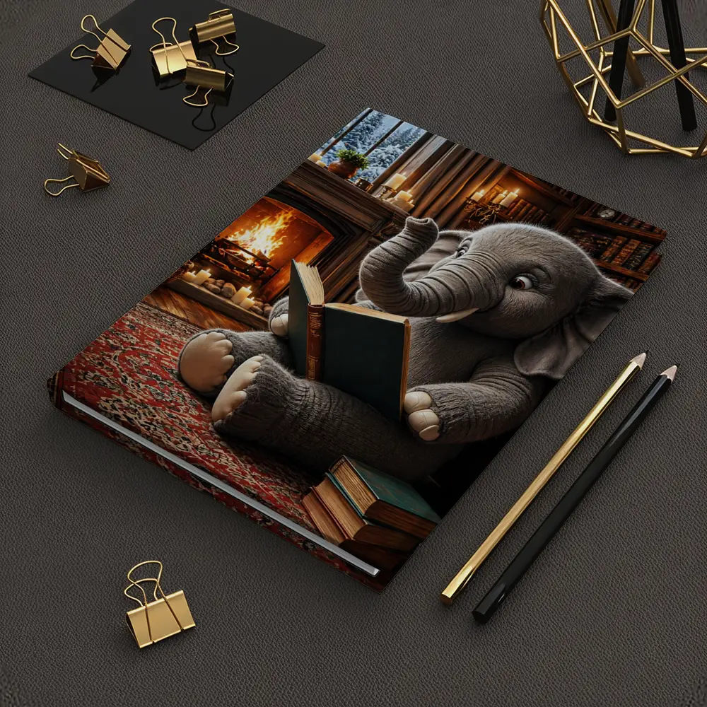 Elephant Reading Book By Cozy Fireplace – Notebooks