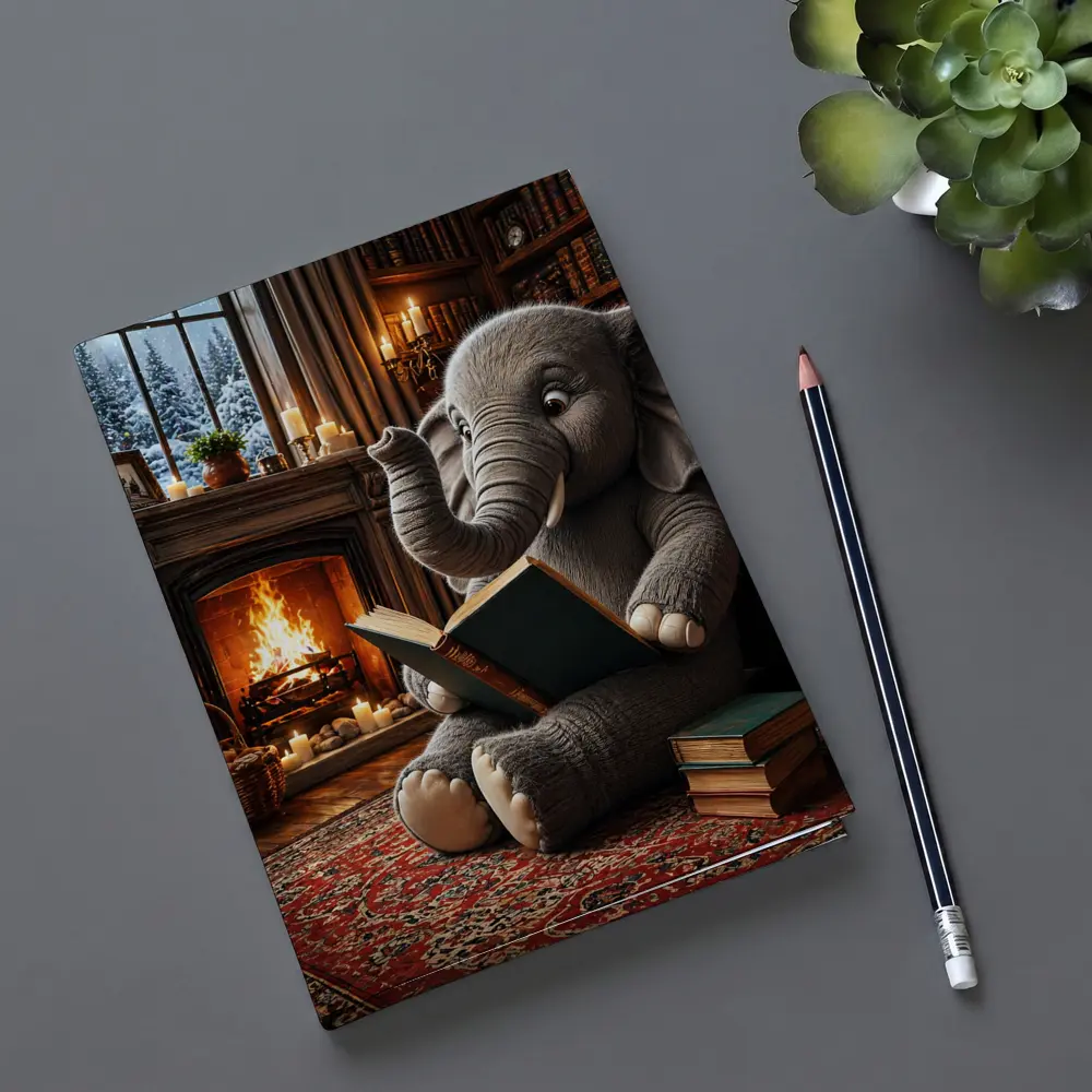Elephant Reading Book By Cozy Fireplace – Notebooks
