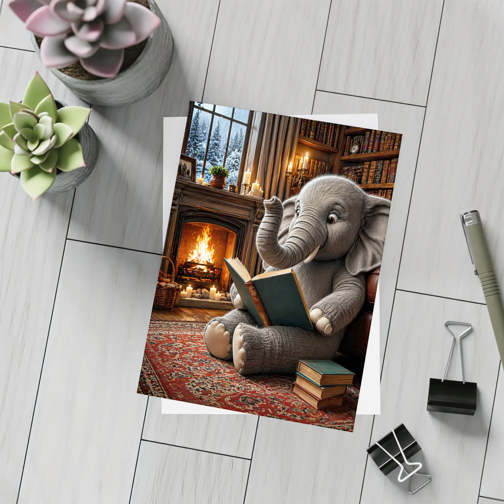 Elephant Reading Book By Cozy Fireplace – Postcards