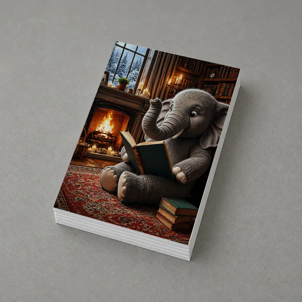 Elephant Reading Book By Cozy Fireplace – Postcards