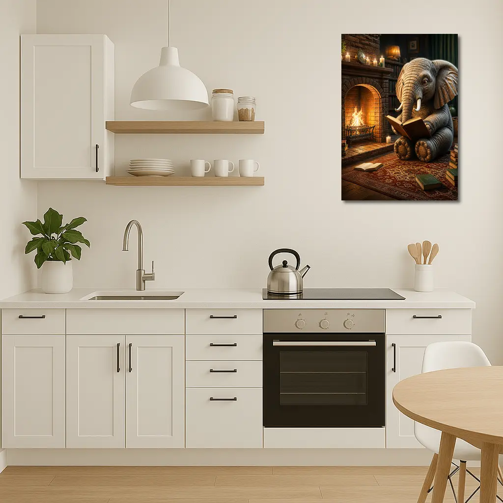 Elephant Reading Book By Cozy Fireplace – Wall Art