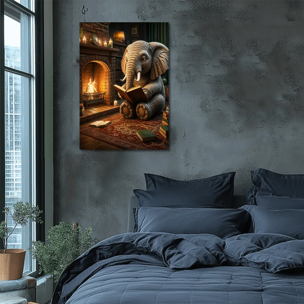 Elephant Reading Book By Cozy Fireplace – Wall Art