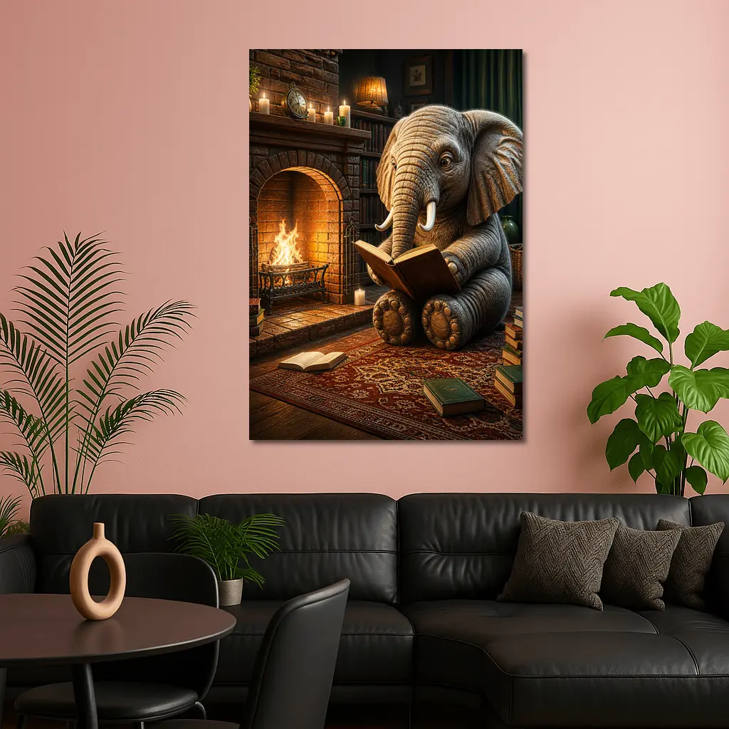 Elephant Reading Book By Cozy Fireplace – Wall Art