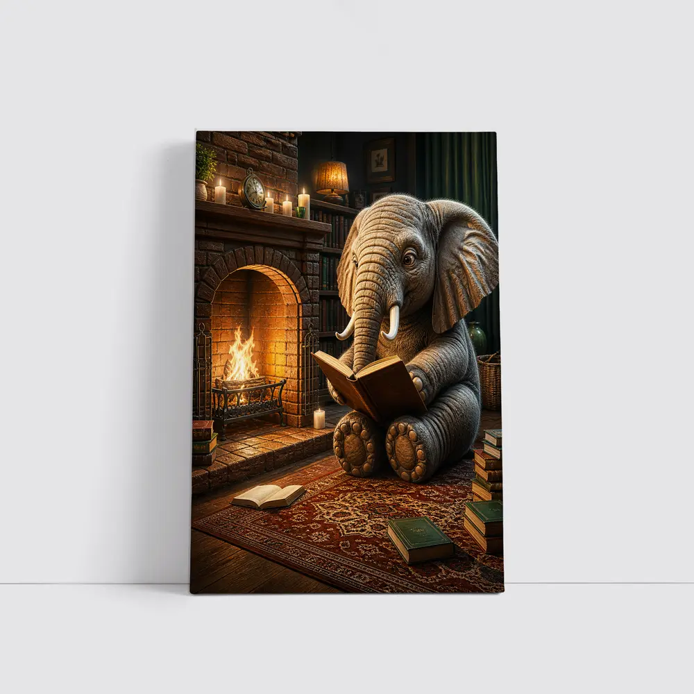 Elephant Reading Book By Cozy Fireplace – Wall Art