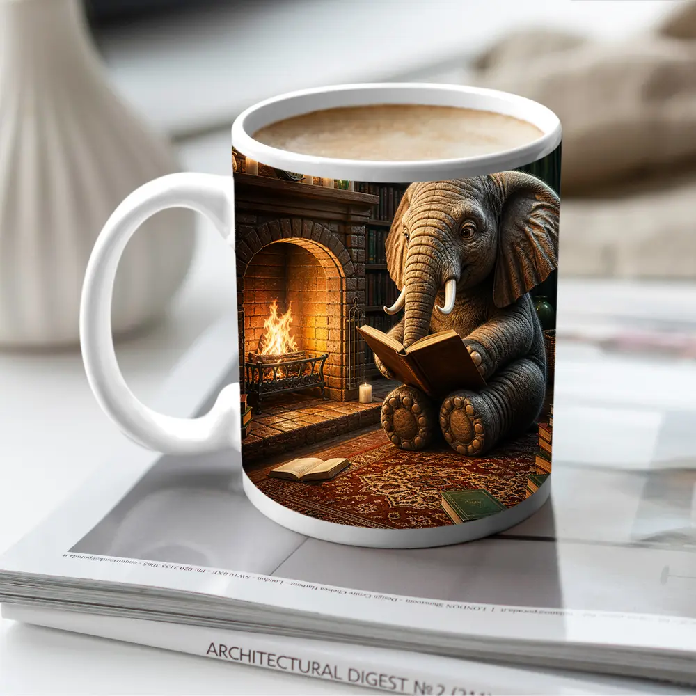 Elephant Reading Book By Cozy Fireplace – Mugs