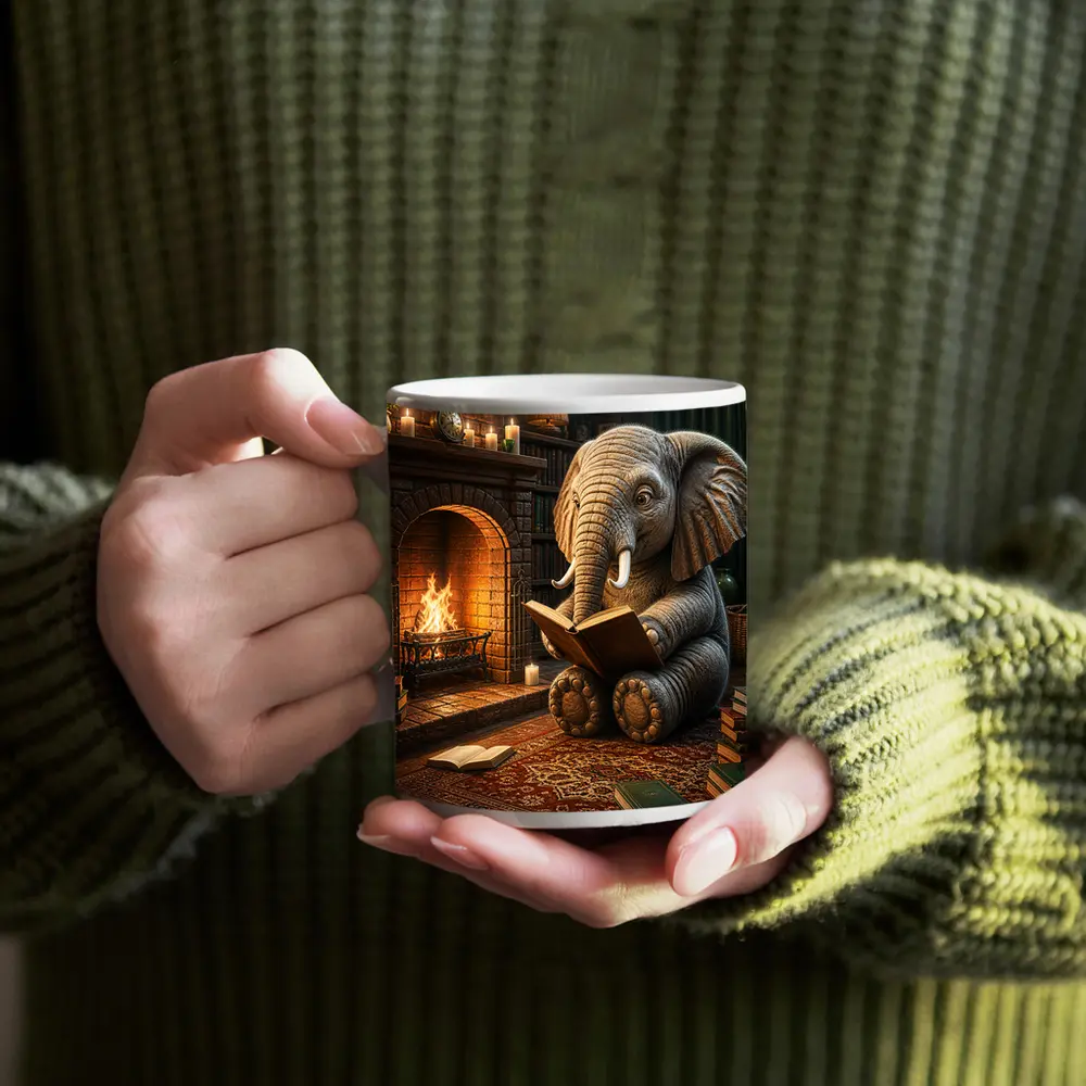Elephant Reading Book By Cozy Fireplace – Mugs