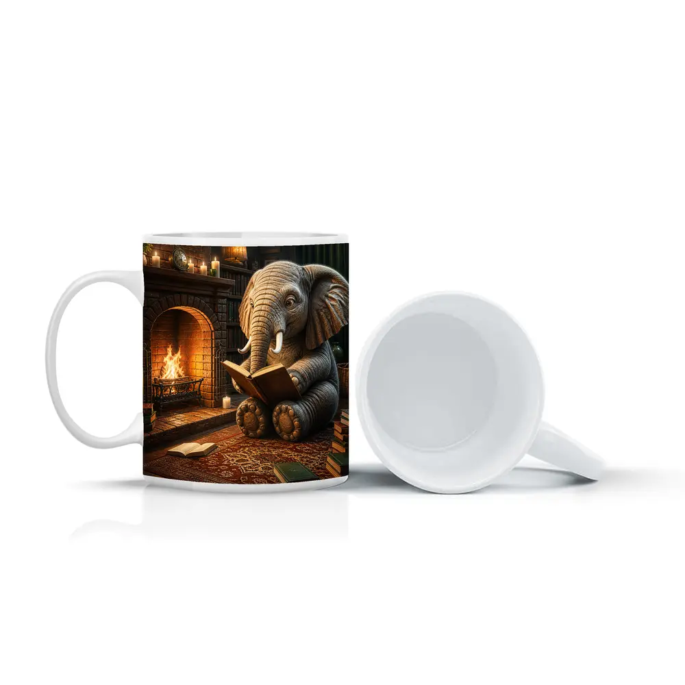 Elephant Reading Book By Cozy Fireplace – Mugs