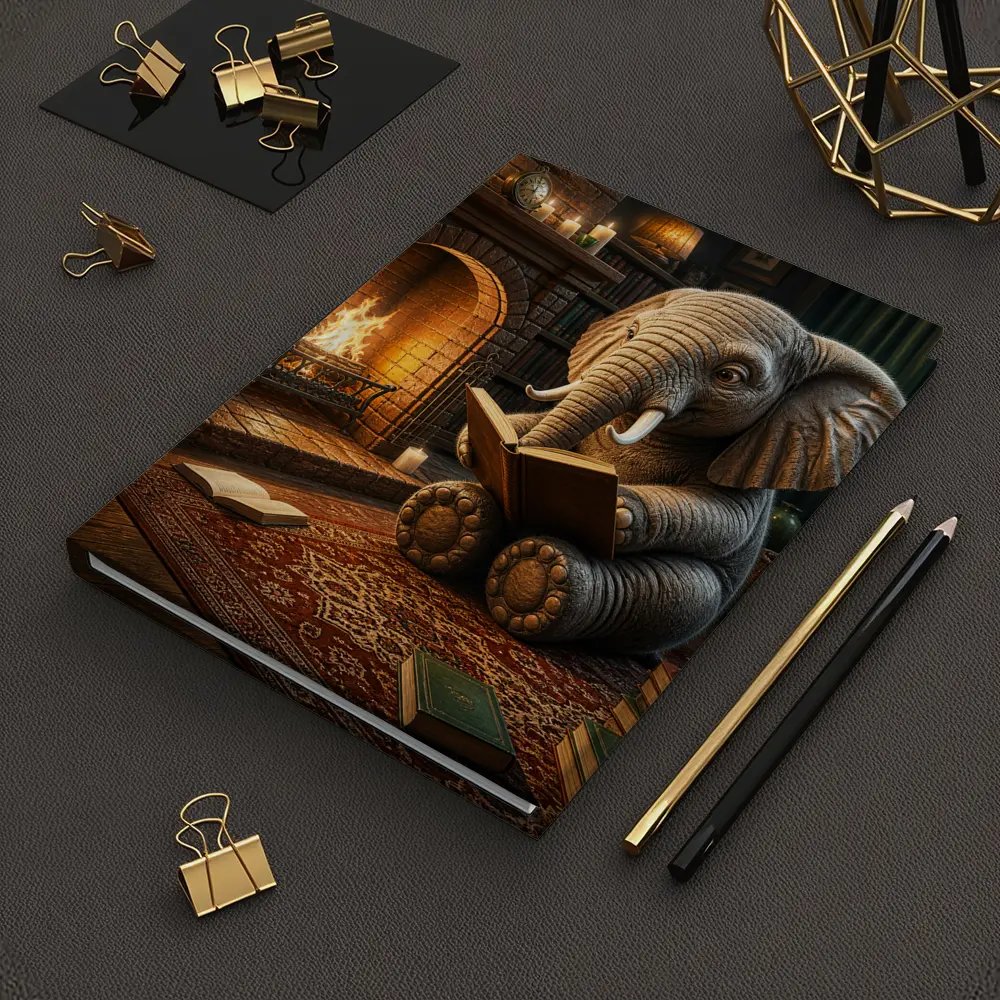 Elephant Reading Book By Cozy Fireplace – Notebooks