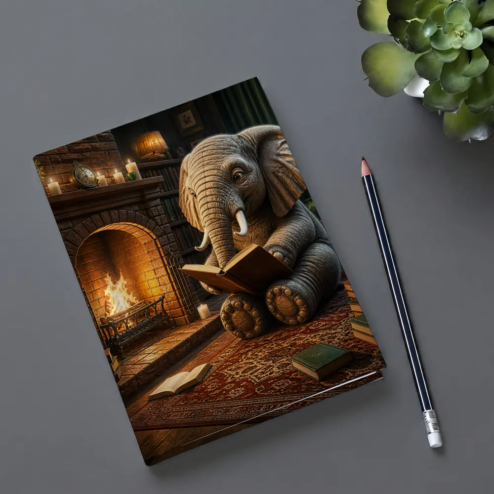 Elephant Reading Book By Cozy Fireplace – Notebooks