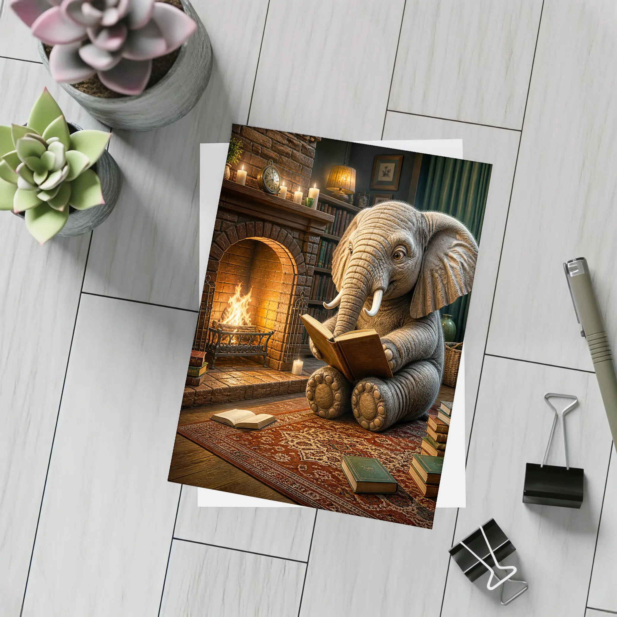 Elephant Reading Book By Cozy Fireplace – Postcards