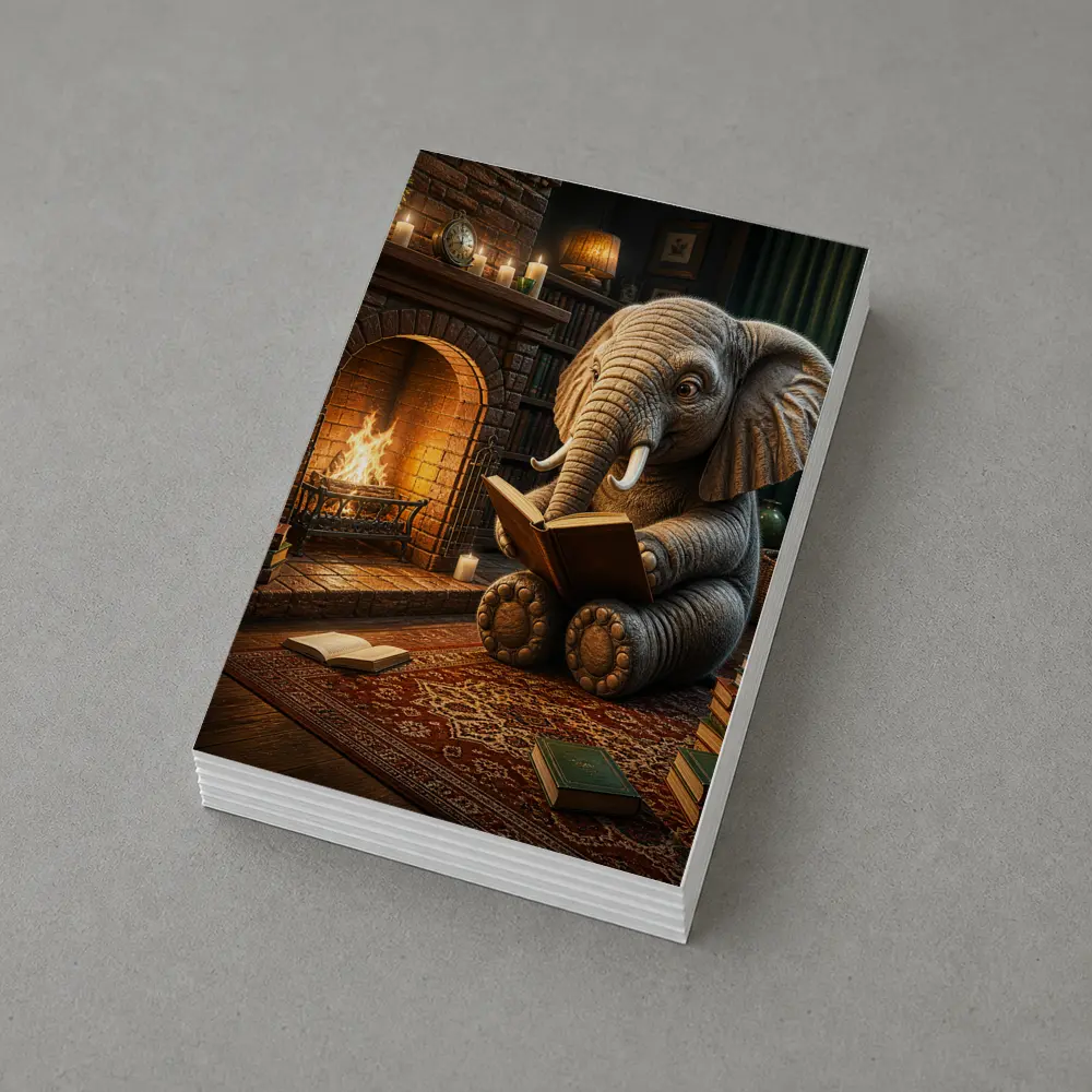 Elephant Reading Book By Cozy Fireplace – Postcards