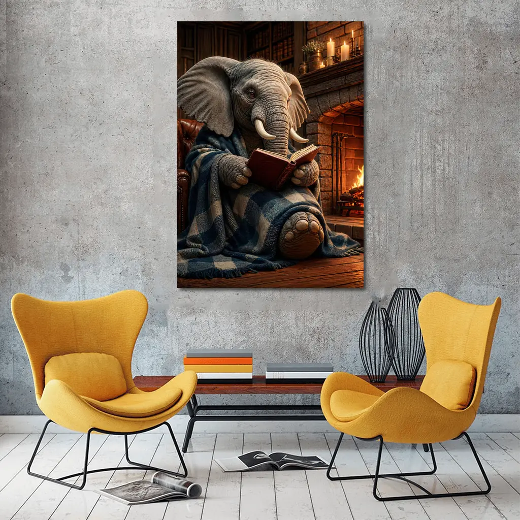 Cozy Elephant Reading Book By Fireplace – Wall Art