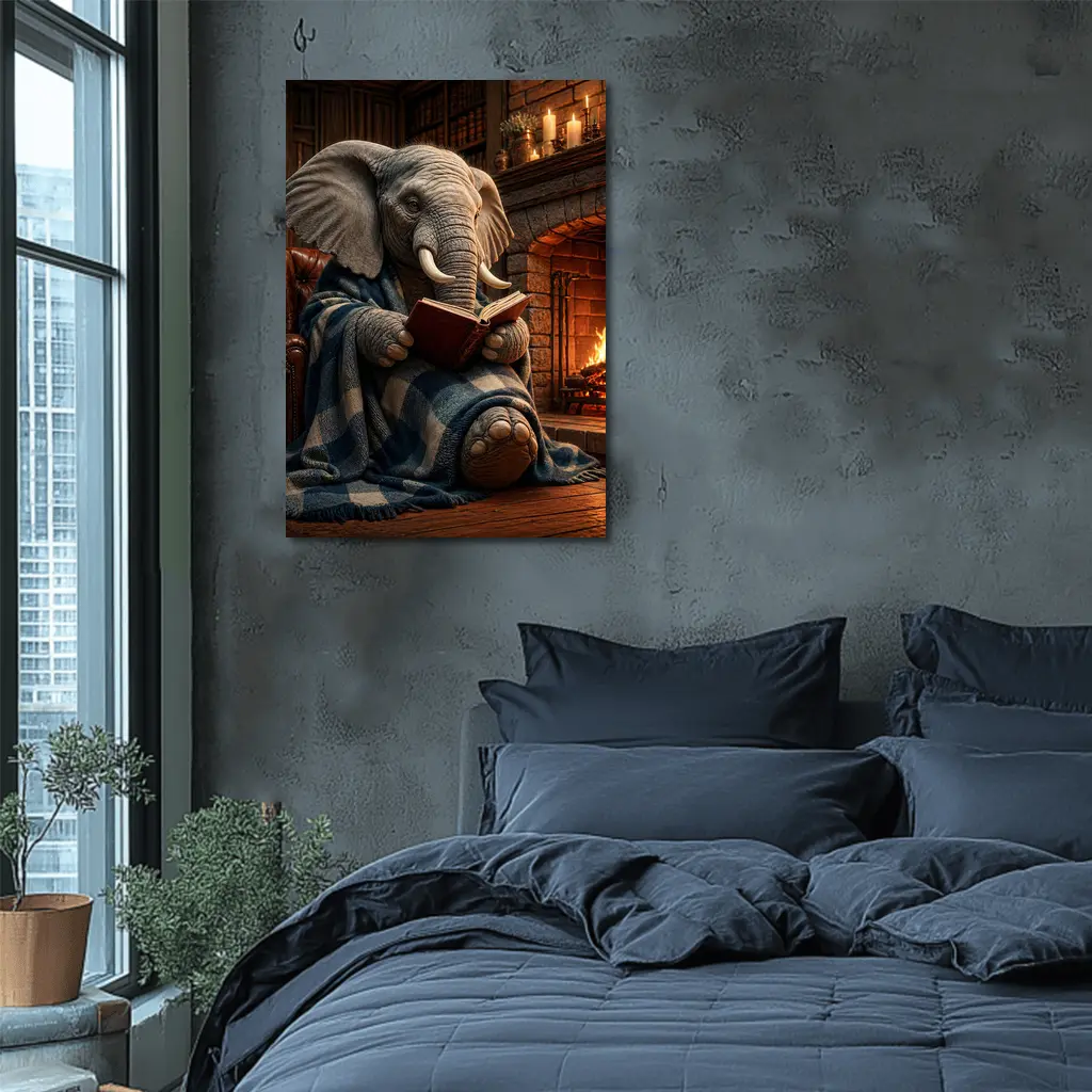 Cozy Elephant Reading Book By Fireplace – Wall Art