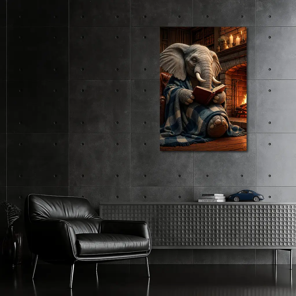 Cozy Elephant Reading Book By Fireplace – Wall Art