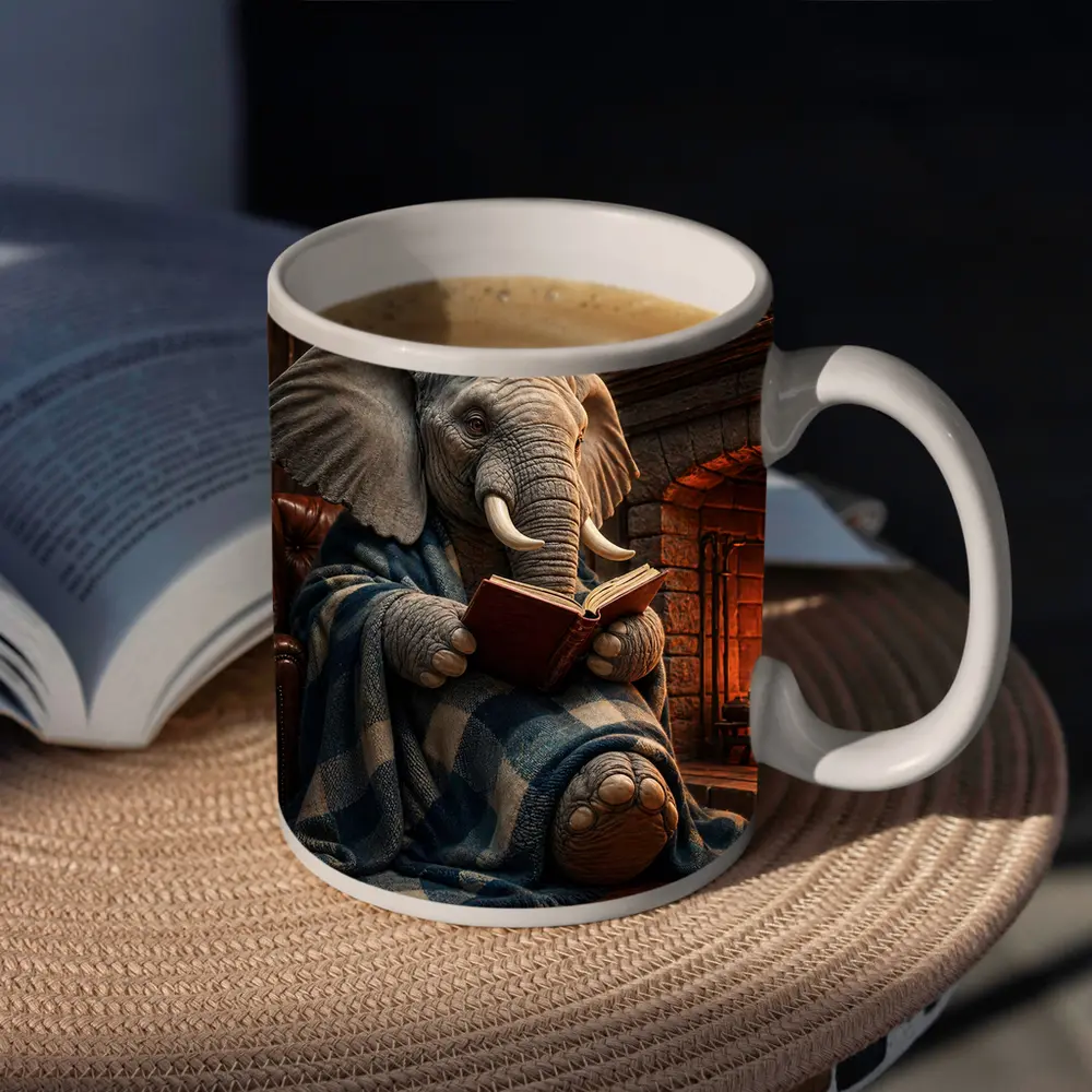 Cozy Elephant Reading Book By Fireplace – Mugs