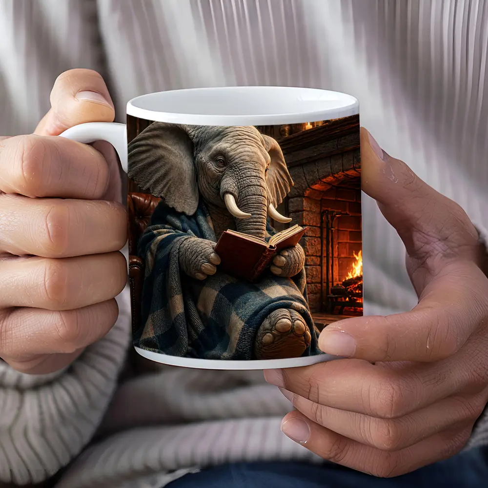 Cozy Elephant Reading Book By Fireplace – Mugs