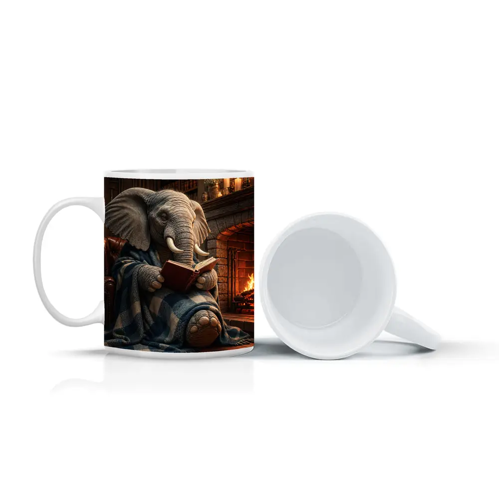 Cozy Elephant Reading Book By Fireplace – Mugs